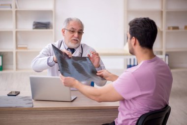Genç hasta yaşlı doktoru ziyaret ediyor.
