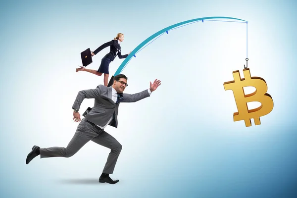 Business People Chasing Bitcoin Fishing Rod — Stock Photo, Image