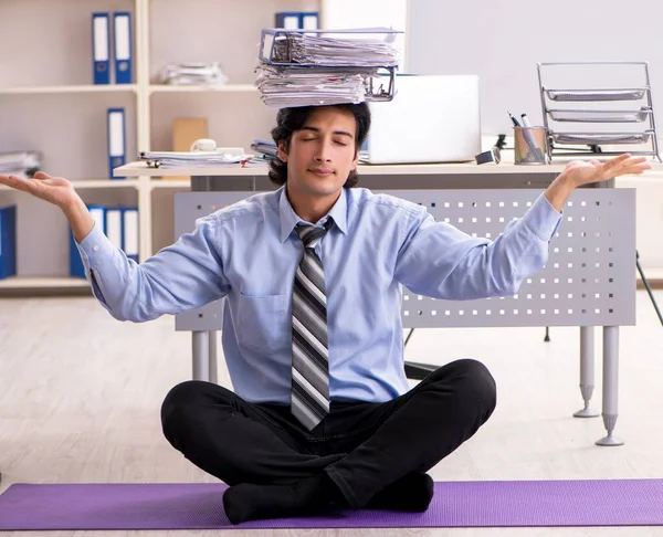 Young Handsome Male Employee Doing Exercises Office — Stock Photo, Image