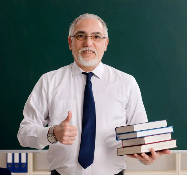 Aged Male Teacher Front Chalkboard — Stock Photo, Image