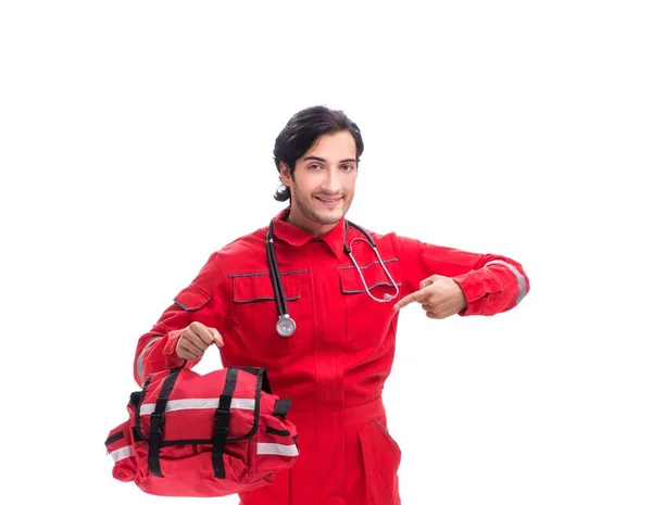 Jeune Ambulancier Uniforme Rouge Isolé Sur Blanc — Photo