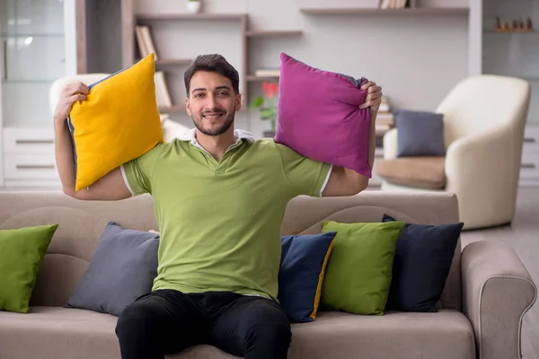 Young Man Lot Pillows Home — Stock Photo, Image