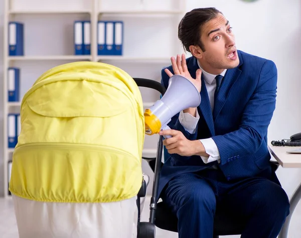 Young Father Looking Newborn Office — Stock Photo, Image