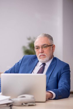 Old employee sitting at workplace