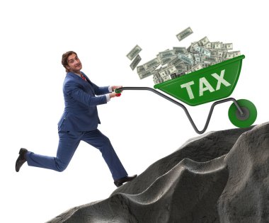 İş adamı vergi arabalarını yokuş yukarı itiyor