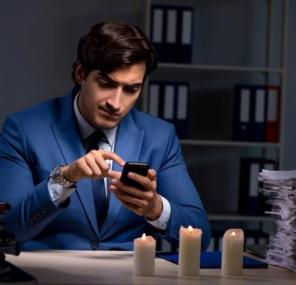 Businessman Working Late Office Candle Light — Stock Photo, Image