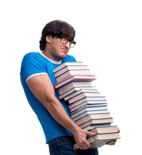 Den Mandlige Studerende Med Mange Bøger Isoleret Hvid - Stock-foto