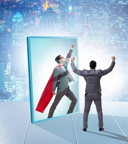 Businessman Seeing Himself Mirror Superhero — Stock Photo, Image