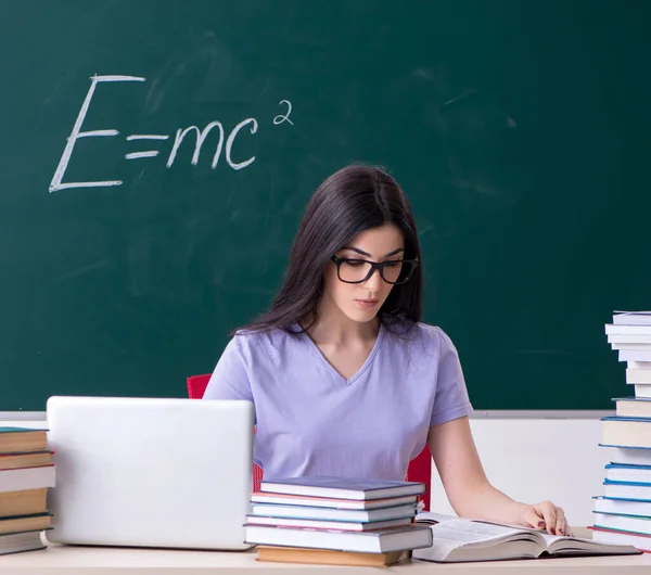 Young Female Teacher Student Front Green Board — Stock Photo, Image