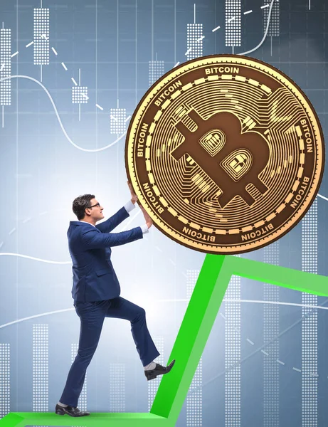Der Geschäftsmann Treibt Bitcoin Kryptowährung Blockchain Konzept Voran — Stockfoto