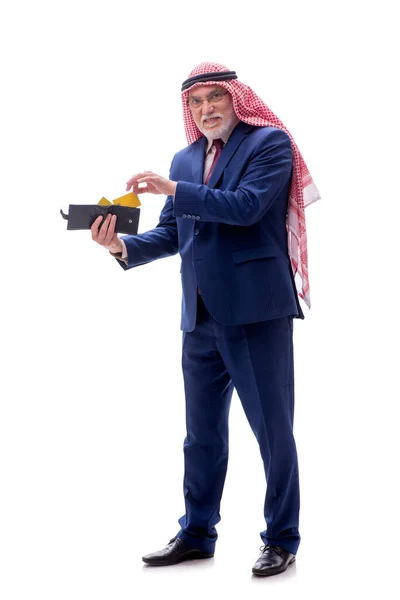 Віці Арабський Бізнесмен Тримає Гаманець Ізольовано Білому — стокове фото