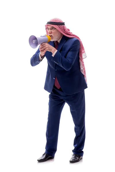Leeftijd Arabische Zakenman Met Megafoon Geïsoleerd Wit — Stockfoto