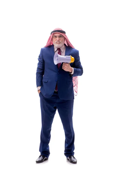 Aged Arab Businessman Holding Megaphone Isolated White — Stock Photo, Image