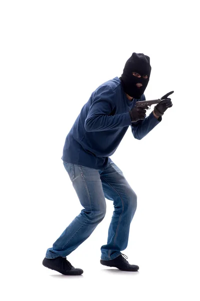 Young Burglar Holding Handgun Isolated White — Stock Photo, Image