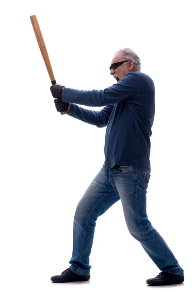 Viejo Ladrón Sosteniendo Bate Béisbol Aislado Blanco — Foto de Stock