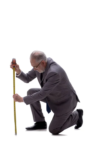 Viejo Jefe Hombre Negocios Sosteniendo Cinta Métrica Aislado Blanco —  Fotos de Stock