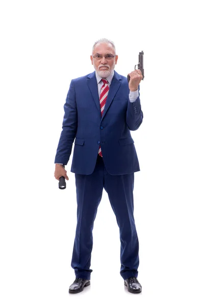 Älterer Polizist Mit Waffe Isoliert Auf Weißem Grund — Stockfoto