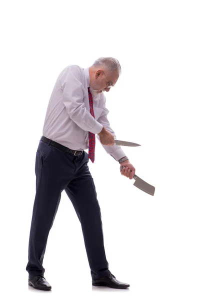 Gamle Chefen Håller Kniven Isolerad Vitt — Stockfoto