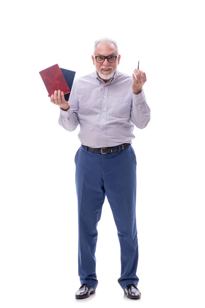 Velho Patrão Segurando Livros Isolados Branco — Fotografia de Stock