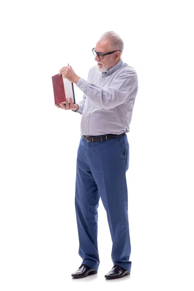 Viejo Jefe Sosteniendo Libros Aislados Blanco — Foto de Stock