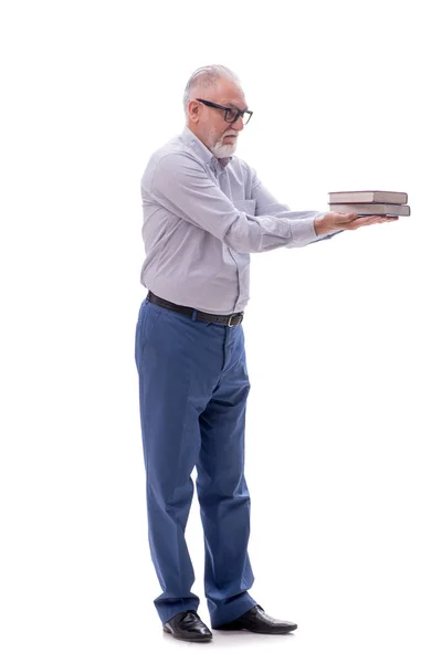 Old Male Boss Holding Books Isolated White — Stock Photo, Image