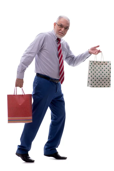 Alte Männliche Chefin Hält Taschen Isoliert Auf Weiß — Stockfoto