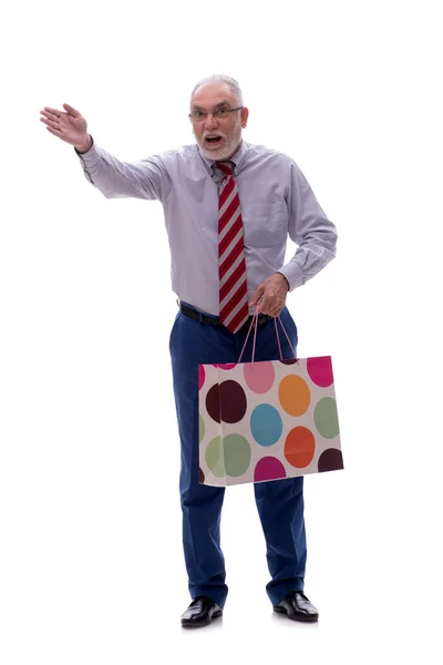Old Male Boss Holding Bag Isolated White — Stock Photo, Image