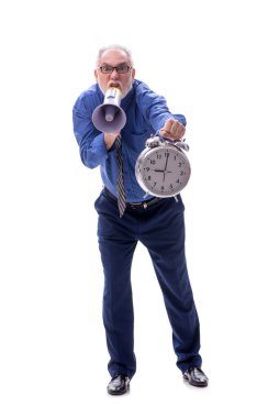 Zaman yönetimi kavramındaki eski patron beyaza izole edilmiş