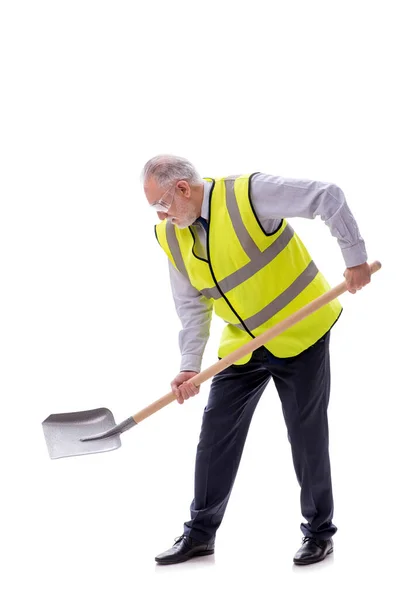Aged Foreman Holding Shovel Isolated White — Stock Photo, Image