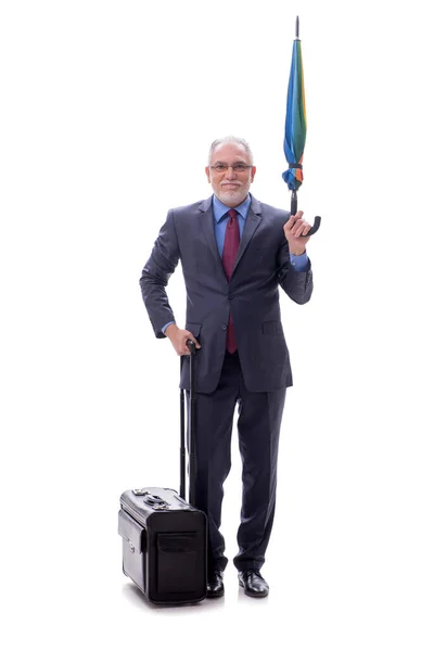 Geschäftsmann Mit Regenschirm Und Gepäck Isoliert Auf Weiß — Stockfoto