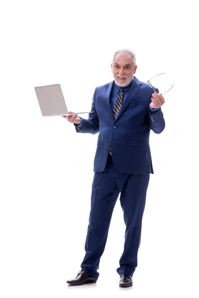 Starý Podnikatel Držící Notebook Izolovaný Bílém — Stock fotografie