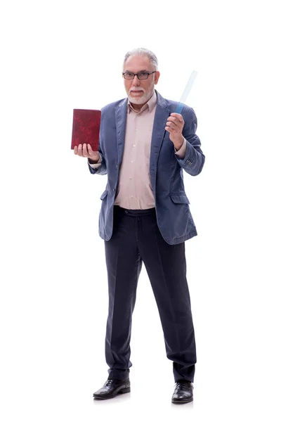 Viejo Profesor Sosteniendo Libro Aislado Blanco — Foto de Stock