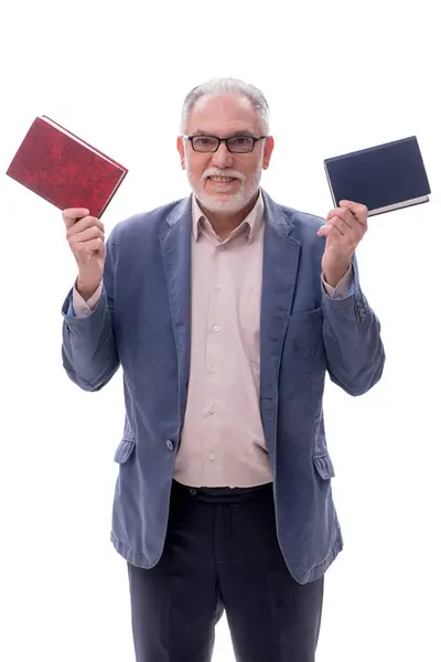 Vecchio Maschio Insegnante Holding Libro Isolato Bianco — Foto Stock