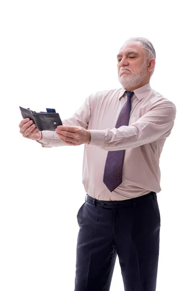ホワイトに隔離された財布を持っているビジネスマン — ストック写真