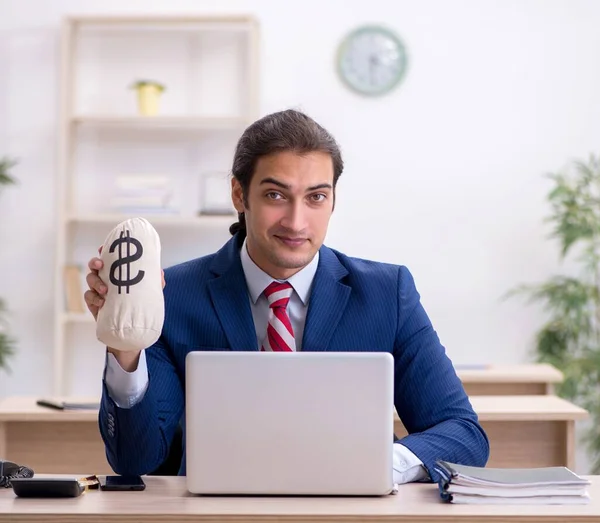 Young Employee Holding Moneybag Office — Stock Photo, Image