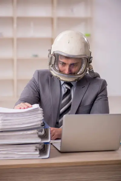 Young Businessman Employee Wearing Spacesuit Workplace — Photo