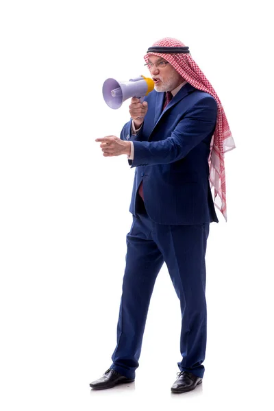 Leeftijd Arabische Zakenman Met Megafoon Geïsoleerd Wit — Stockfoto