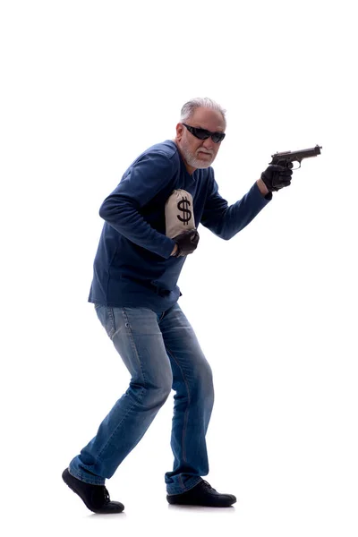 Old Burglar Holding Moneybag Isolated White — Stock Photo, Image