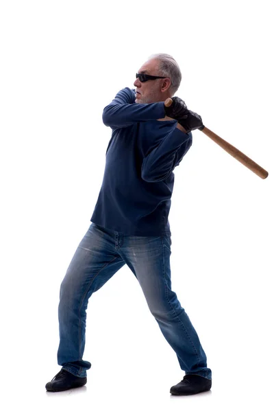 Starý Lupič Drží Baseballovou Pálku Izolované Bílém — Stock fotografie