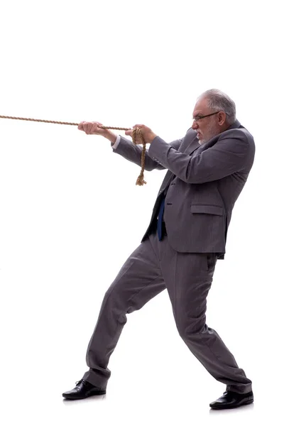 Old Male Employee Rope Isolated White — Stock Photo, Image