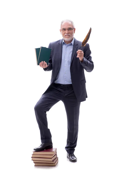 Old Male Boss Holding Feather Isolated White — Stock Photo, Image