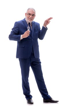 Mutlu fikir kavramındaki iş adamı beyaza izole edilmiş.