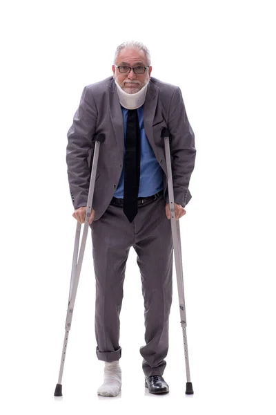 Velho Chefe Masculino Após Acidente Carro Isolado Branco — Fotografia de Stock