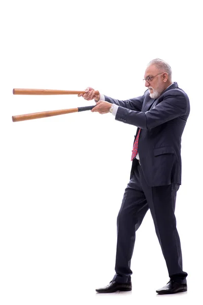 Old Boss Holding Baseball Bat Isolated White — Stock Photo, Image