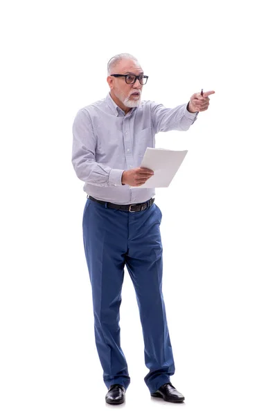 Old Boss Reading Paper Isolated White — Stock Photo, Image