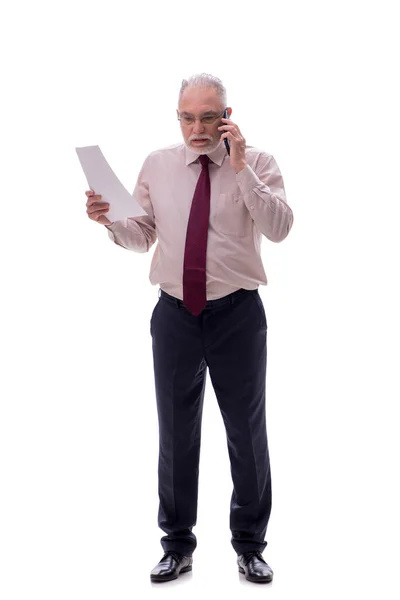 Åldrad Affärsman Talar Telefon Isolerad Vit — Stockfoto