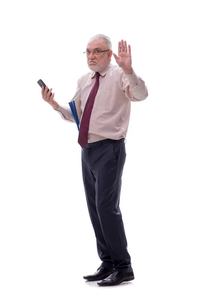Starý Šéf Mluví Telefonu Izolované Bílém — Stock fotografie