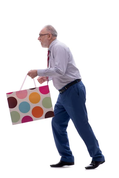 Oude Mannelijke Baas Holding Bag Geïsoleerd Wit — Stockfoto