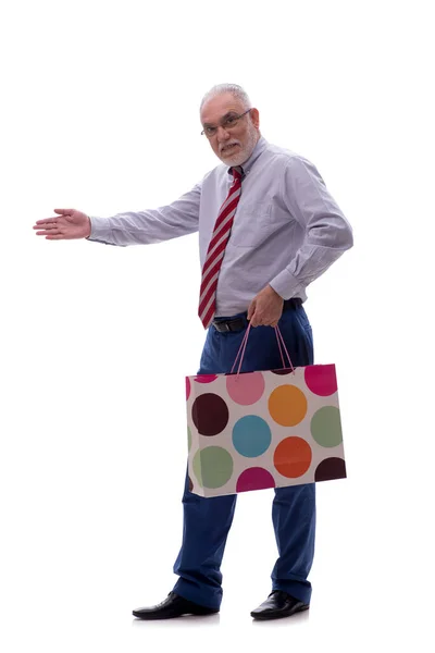 Velho Chefe Masculino Segurando Saco Isolado Branco — Fotografia de Stock