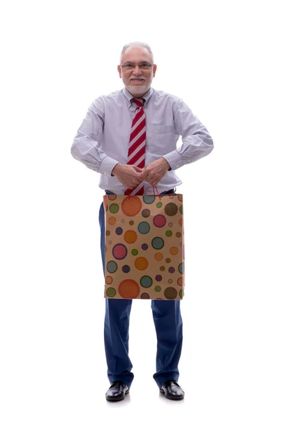 Old Male Boss Holding Bag Isolated White — Stock Photo, Image